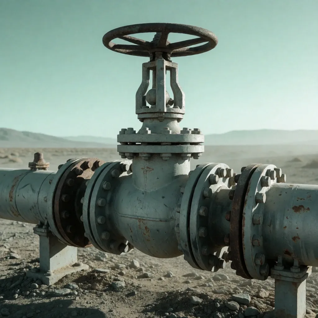 Conjunto de válvulas industriales en un gasoducto patagónico