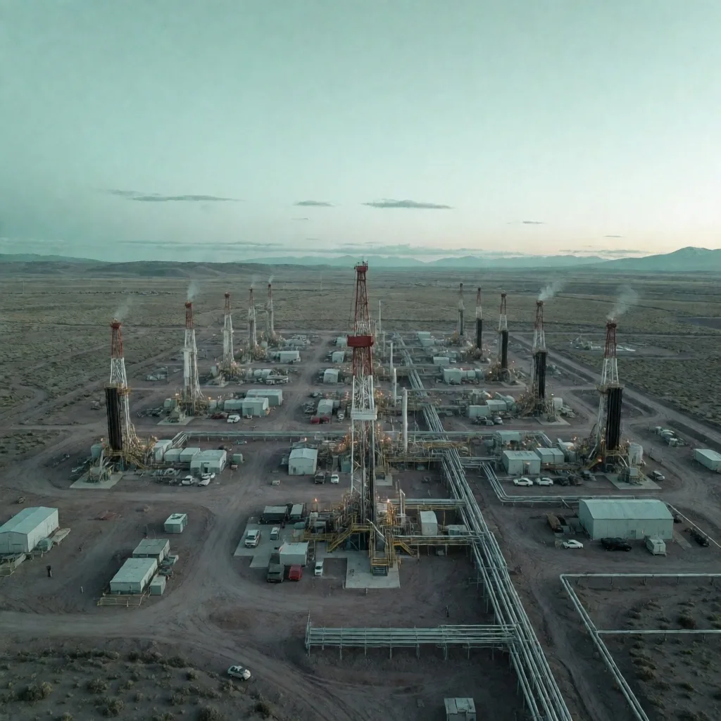 Sitio de extracción de gas esquelo en el desierto patagónico al amanecer