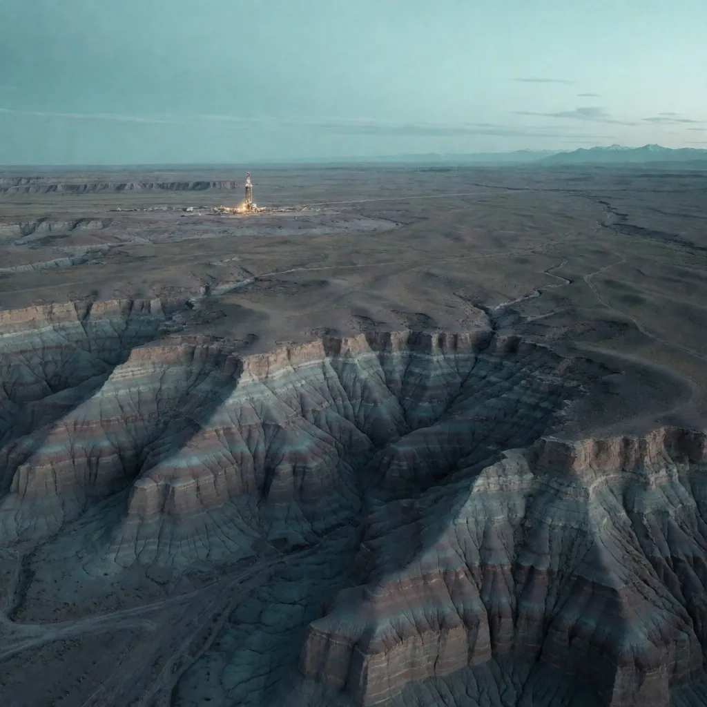 Vista aérea de formaciones geológicas en la cuenca neuquina al atardecer