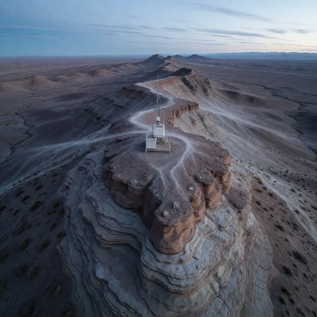 Paisaje patagónico al atardecer mostrando estratos geológicos