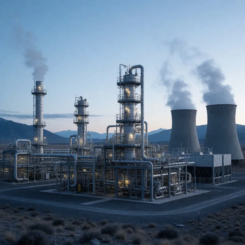 Instalación de procesamiento de gas en la estepa patagónica al amanecer