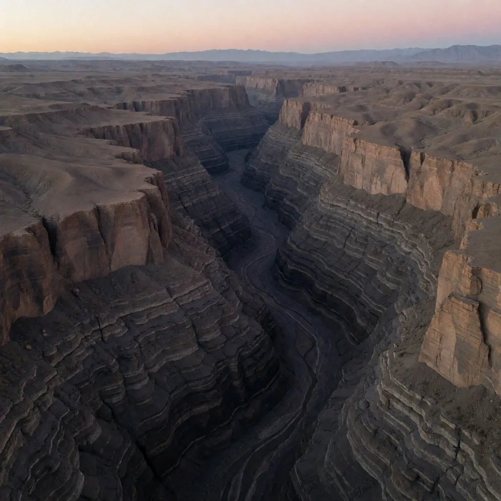 Vista aérea de la cuenca neuquina al amanecer mostrando las capas estratigráficas de Vaca Muerta